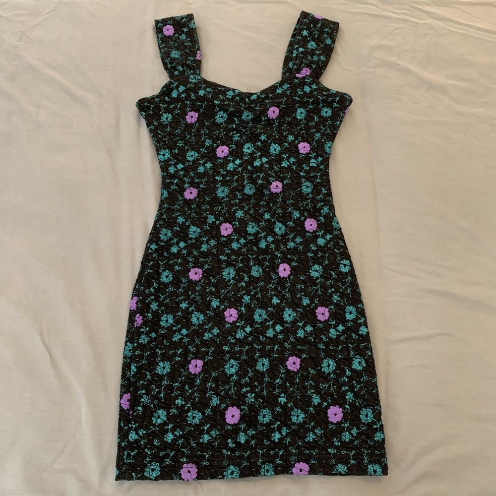 Vintage Squeeze Dress Womens Small Multicolor Floral Knit Stretch Bodycon Mini